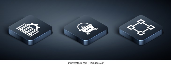 Set Isometric Server and gear, Blockchain technology and Shopping basket with bitcoin icon. Vector