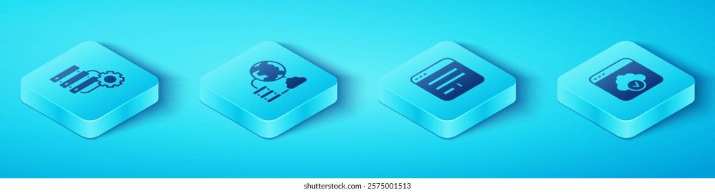 Set Isometric Server and gear, Network cloud connection, Cloud technology data transfer and Browser window icon. Vector