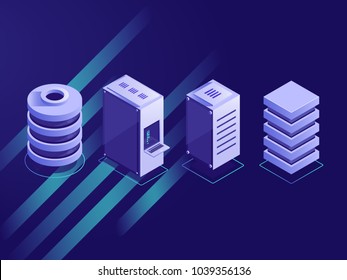 Set of isometric server rack, data center, web site hosting, computing and processing information concept vector illustration on ultra violet background