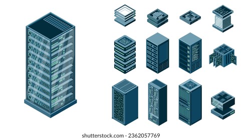 Conjunto de racks de servidores isométricos. Conjunto isométrico del servidor. Elementos de tecnología digital. Ilustración del vector