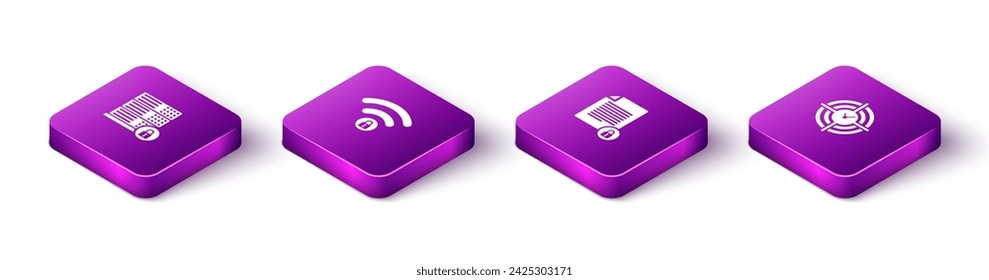 Set Isometric Server security with lock, Wifi locked, Document and and Time Management icon. Vector