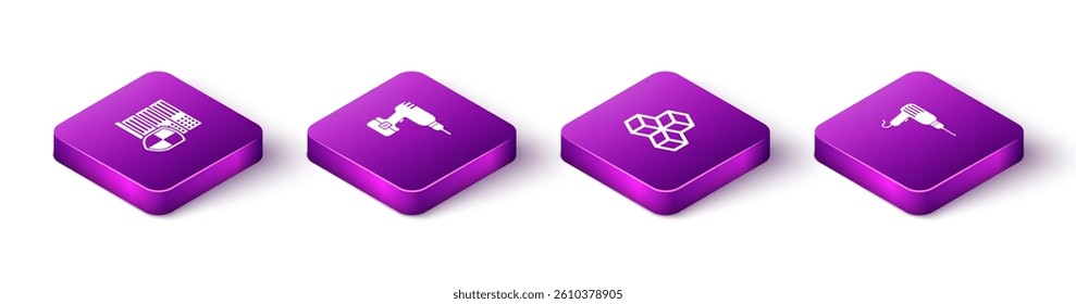 Set Isometric Server with shield, Drill machine, Isometric cube and  icon. Vector