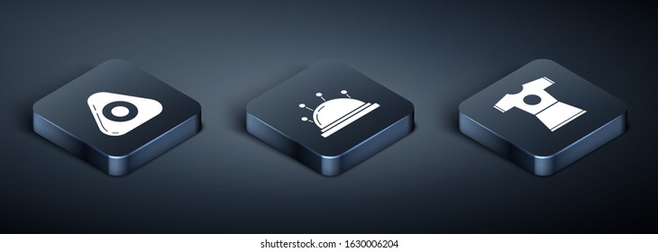 Set Isometric Sewing chalk, Woman dress and Needle bed and needles icon. Vector