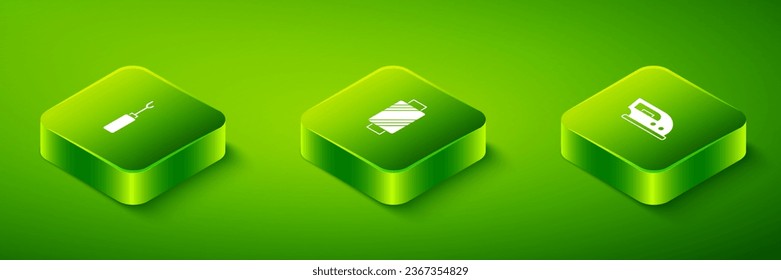 Ajuste el hilo de coser isométrico en el bobinador, el hierro eléctrico y el icono de herramienta Awl. Vector