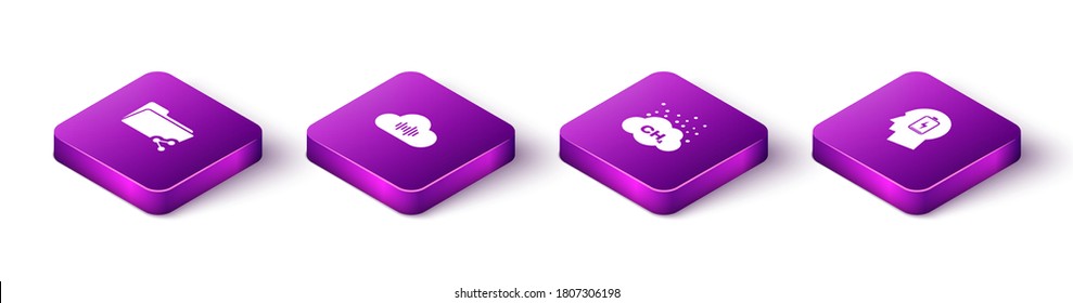 Set Isometric Share folder, Music streaming service, Methane emissions reduction and Head with low battery icon. Vector.