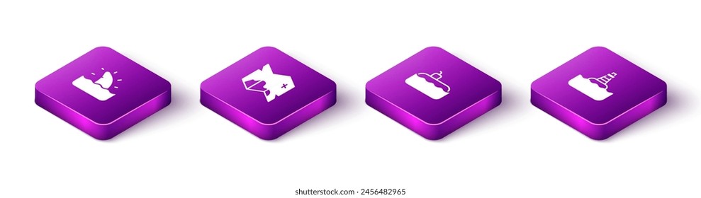 Set Isometric Shark fin in ocean wave, Pirate treasure map, Submarine and Floating buoy icon. Vector