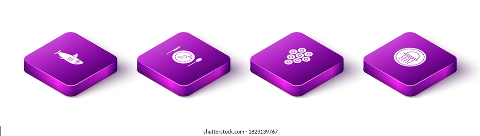 Set Isometric Shark, Served fish on plate, Caviar and Jellyfish icon. Vector.