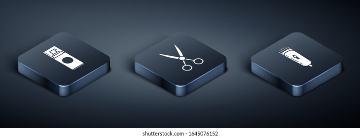 Set Isometric Shaving gel foam, Electrical hair clipper or shaver and Scissors hairdresser icon. Vector