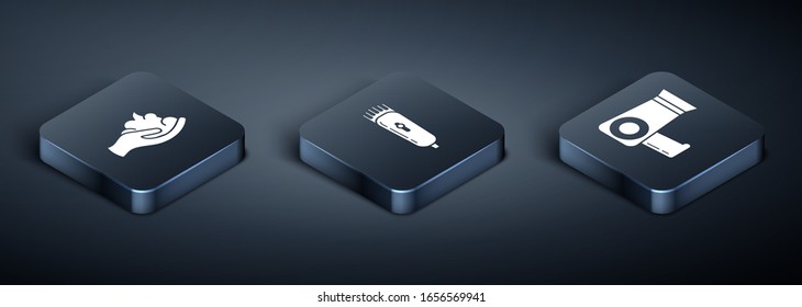 Set Isometric Shaving gel foam on hand, Hair dryer and Electrical hair clipper or shaver icon. Vector