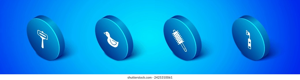 Set Isometric Shaving razor, Hairbrush, Electric toothbrush and Rubber duck icon. Vector