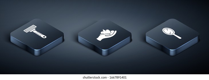 Coloque la cuchilla de afeitar isométrica, el espejo de mano y la espuma de gel de afeitar en el icono de la mano. Vector