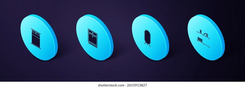 Set Isometric Shelf with books, Big full length mirror, Furniture nightstand and bed icon. Vector