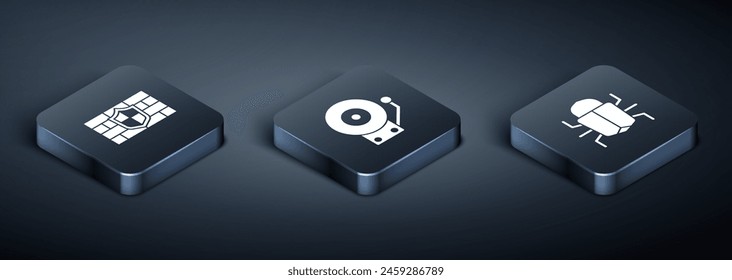 Set Isometric Shield with brick wall, System bug and Ringing alarm bell icon. Vector