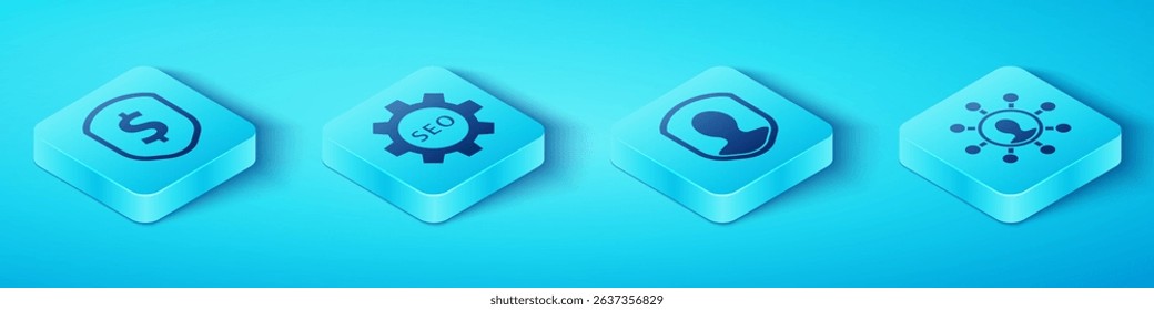 Set Isometric Shield with dollar, Seo tag with gear wheel, Business network and communication and User protection icon. Vector