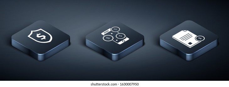 Set Isometric Shield with dollar symbol, Finance document and Smartphone with dollar symbol icon. Vector