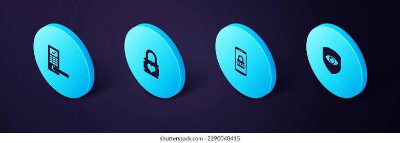 Establezca Escudo y ojo isométricos, Contraseña móvil, Padlock con corazón e icono inalámbrico de puerta digital. Vector