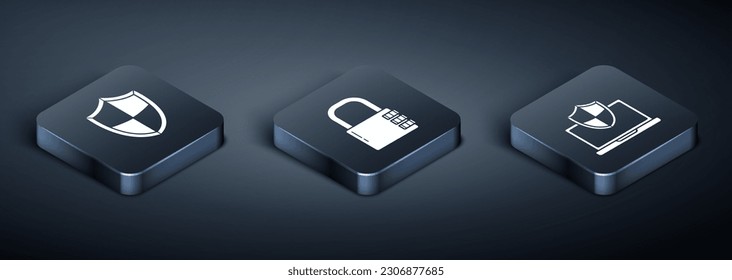 Set Isometric Shield , Laptop protected with shield and Safe combination lock  icon. Vector