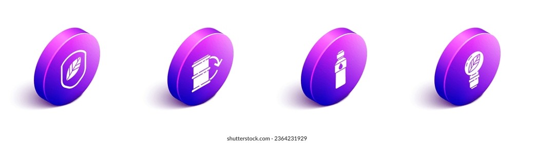 Set Isometric Shield with leaf, Eco fuel barrel, Bottle of water and Light bulb with leaf icon. Vector