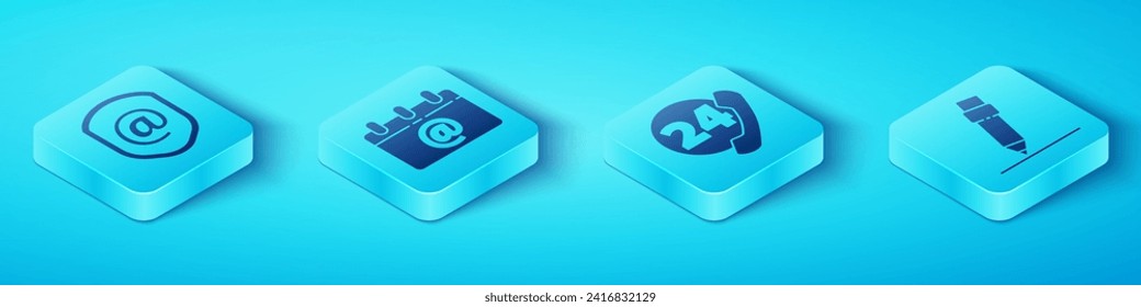 Set Isometric Shield with mail and e-mail, Calendar with email, Pencil with eraser and Telephone 24 hours support icon. Vector