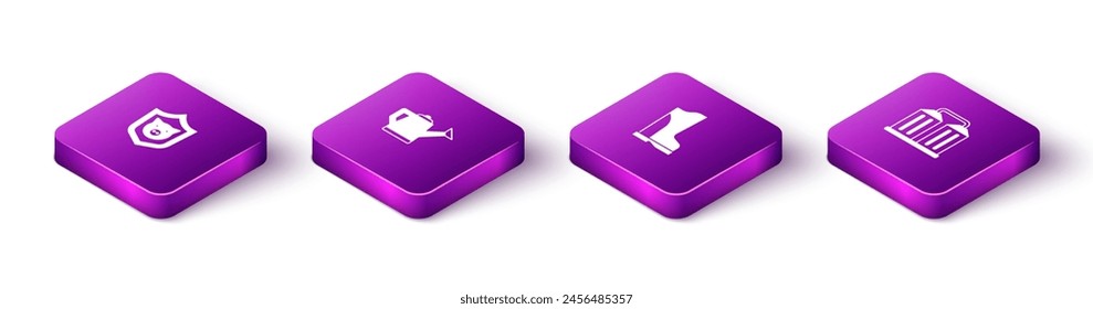 Set Isometric Shield with pig, Watering can, Waterproof rubber boot and Granary icon. Vector