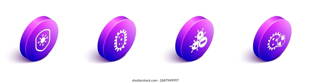 Set Isometric Shield protecting from virus, Virus, Negative virus and Shield protecting from virus icon. Vector
