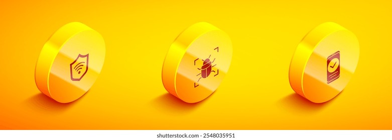 Set Isometric Shield with WiFi wireless, System bug and Smartphone icon. Vector