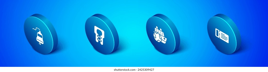 Set Isometric Ship bell, Cruise ship, ticket and Life jacket icon. Vector