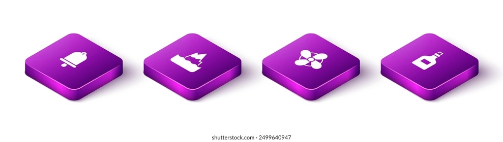 Set Isometric Ship bell, Iceberg, Boat propeller and Rum bottle icon. Vector