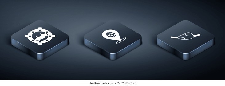 Set Isométrico Buque porthole con paisaje marino, parche de ojo pirata e icono de pirata de ubicación. Vector