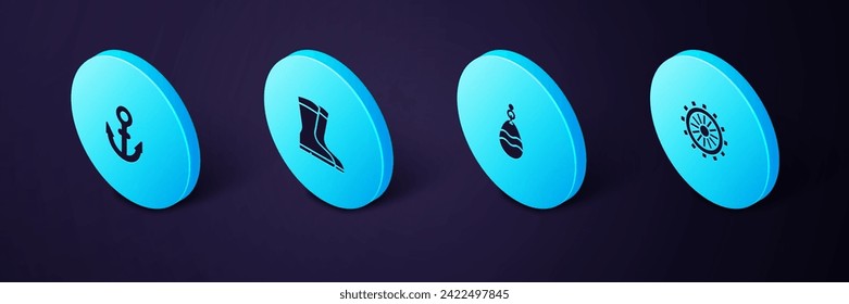 Set Isometric Ship steering wheel, Fishing spoon, boots and Anchor icon. Vector