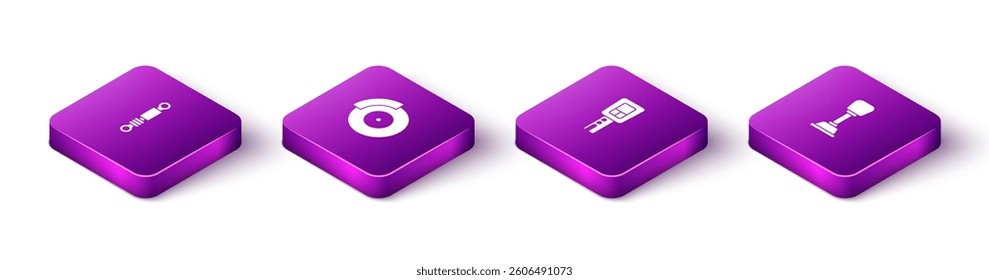 Set Isometric Shock absorber, Car brake disk with caliper, key remote and Gear shifter icon. Vector