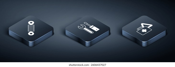 Set Isometric Shock absorber, First aid kit and warning triangle and Screwdriver wrench spanner icon. Vector