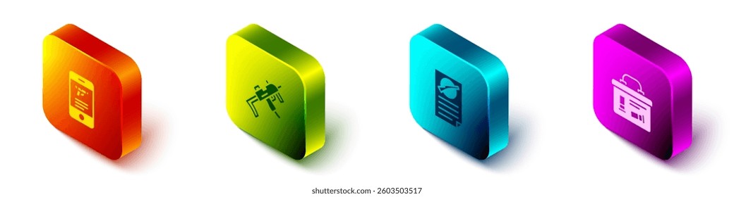 Set Isometric Shop weapon in mobile app, MP9I submachine gun, Firearms license certificate and Military ammunition box icon. Vector