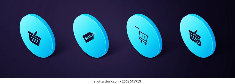 Set Isometric Shopping basket with check mark, Refresh shopping cart, Price tag Sale and  icon. Vector