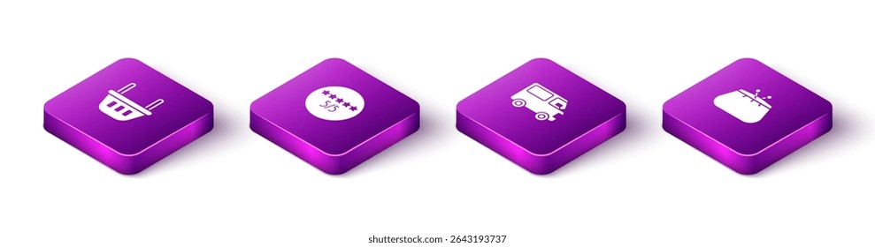 Set Isometric Shopping basket, Consumer or customer product rating, Delivery cargo truck vehicle and Wallet icon. Vector