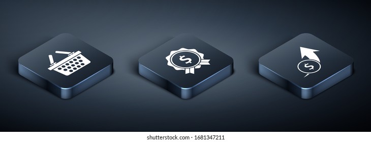 Set Isometric Shopping basket, Financial growth and coin and Price tag with dollar icon. Vector