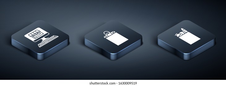 Set Isometric Shopping building on screen computer, Paper shopping bag and food and Paper shopping bag icon. Vector