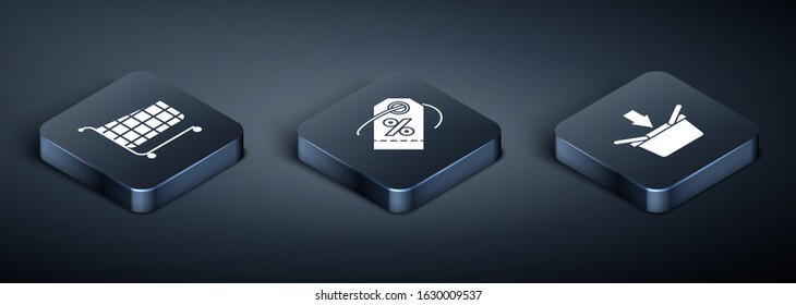 Set Isometric Shopping cart, Shopping basket and Discount percent tag icon. Vector