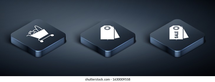 Set Isometric Shopping cart and food, Price tag with an inscription Sale and Blank label template price tag icon. Vector