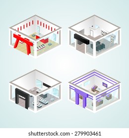 Set of the isometric shops and other elements (Clothing, Jewelry, Shoes). Vector illustration.