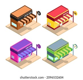 Set of isometric shops vector icon illustration. Building isometric illustration style
