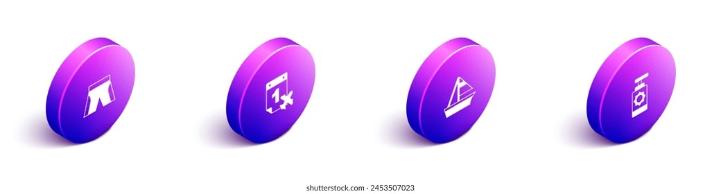 Set Isometric Short or pants, Calendar and airplane, Yacht sailboat and Sunscreen spray bottle icon. Vector