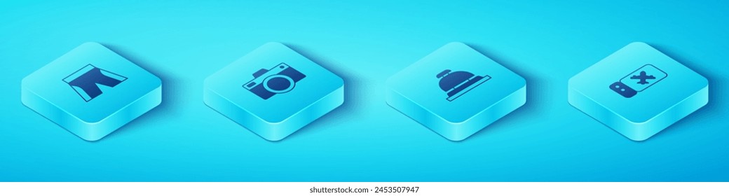 Set Isometric Short or pants, Photo camera, Airline ticket and Hotel service bell icon. Vector