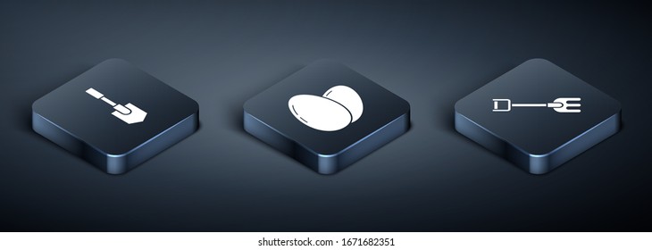 Set Isometric Shovel, Garden rake and Chicken egg icon. Vector