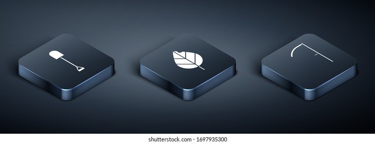 Set Isometric Shovel, Scythe and Leaf icon. Vector