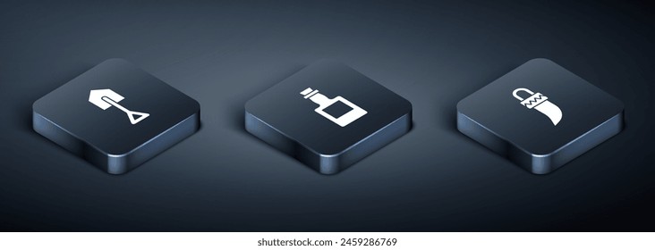 Set Isometric Shovel, Tooth and Tequila bottle icon. Vector