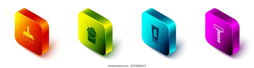 Set Isometric Shower head, Bucket with soap suds, Tube of toothpaste and Shaving razor icon. Vector