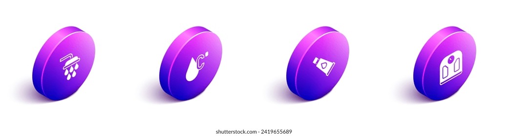 Set Isometric Shower, Water temperature, Cream or lotion cosmetic tube and Bathroom scales icon. Vector