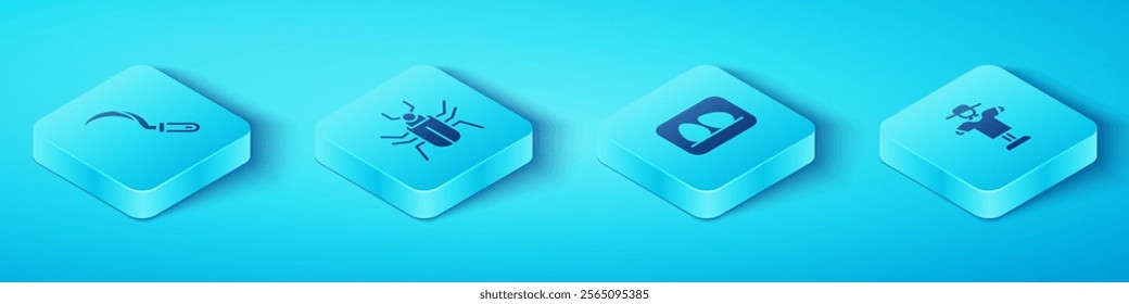 Set Isometric Sickle, Insect fly, Scarecrow and Chicken egg icon. Vector