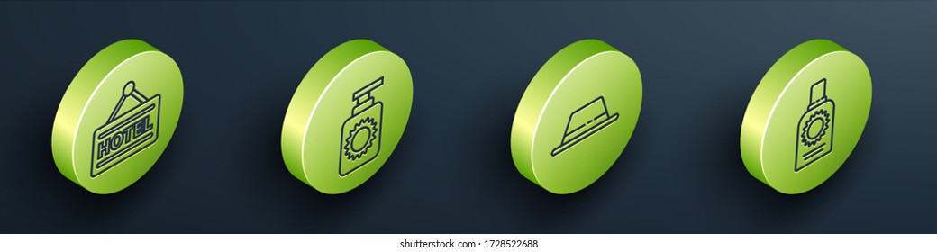 Set Isometric Signboard with text Hotel, Sunscreen spray bottle, Man hat with ribbon and Sunscreen spray bottle icon. Vector